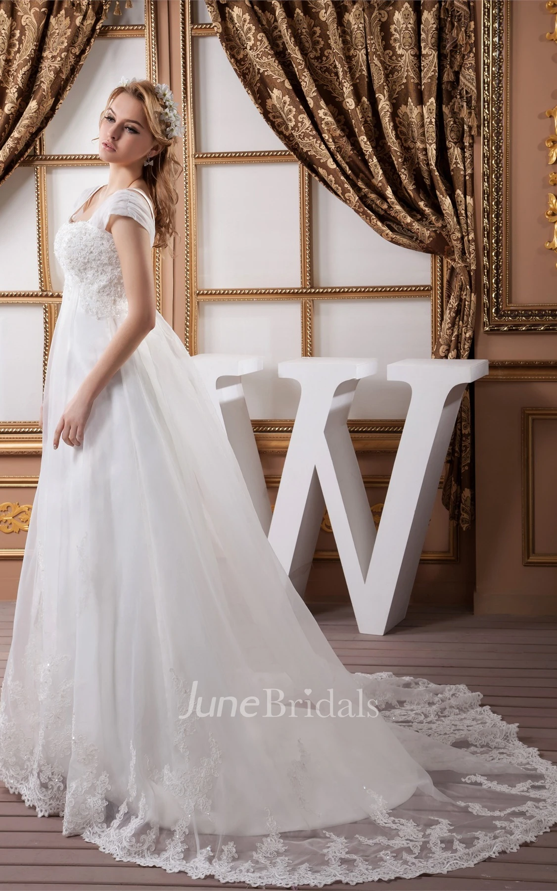 Caped-Sleeve Empire A-Line Gown with Appliques and Beading