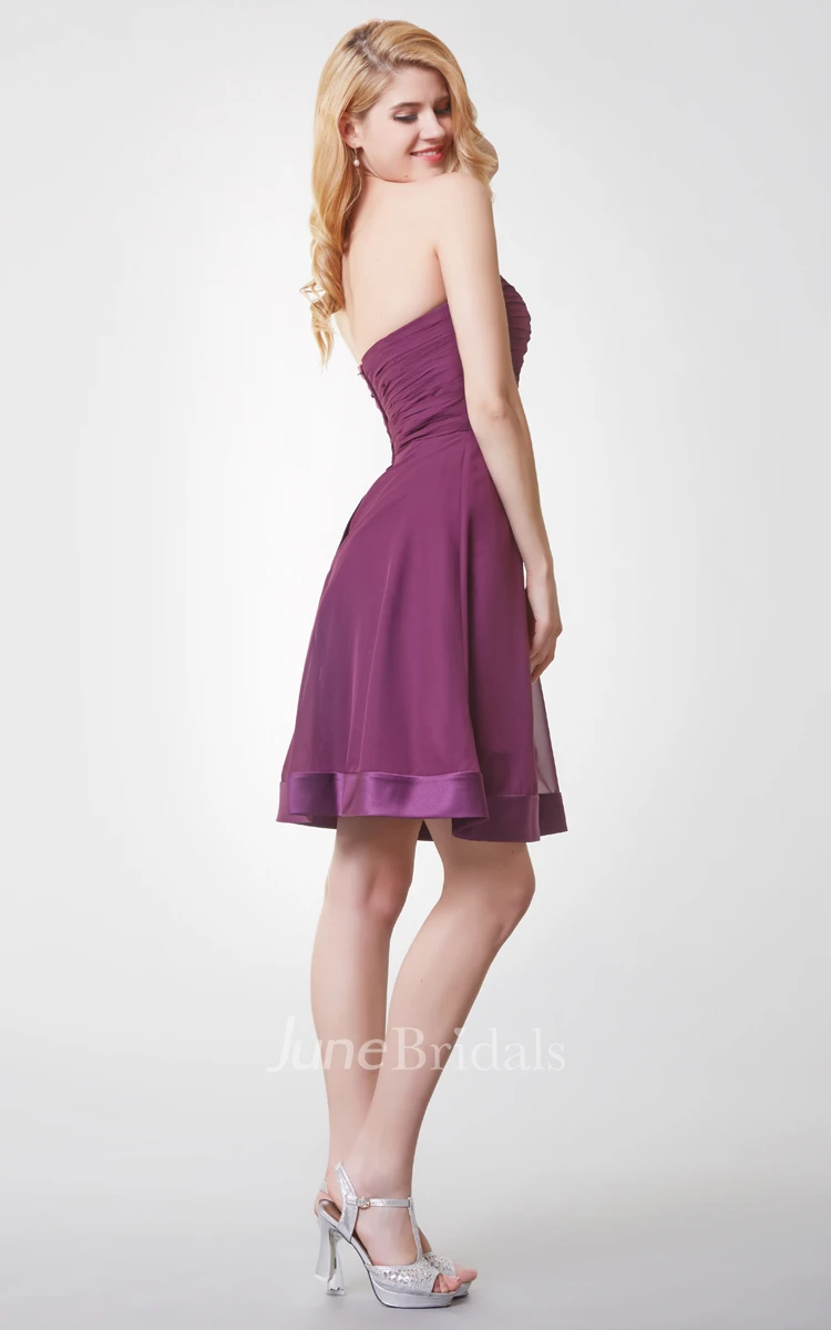 Strapless Pleated A-line Chiffon Dress With Flower Detailing