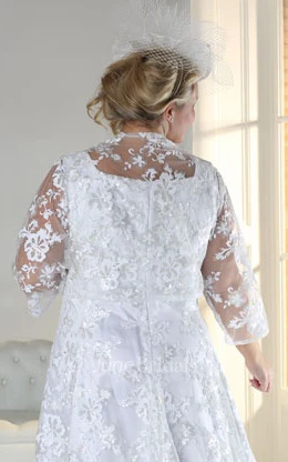 A-Line Ankle-Length Scoop Neck Satin Lace Zipper Appliques Dress