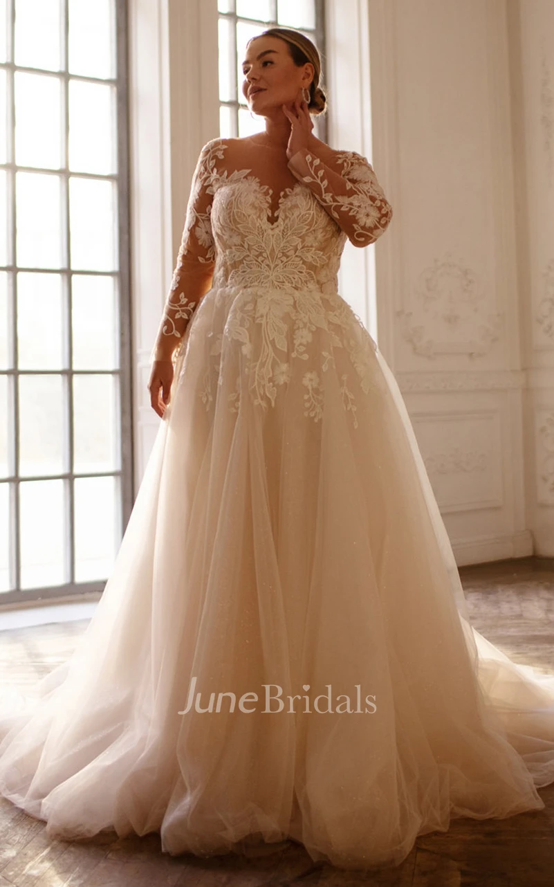 Romantic Bateau Ball Gown Lace Sweep Train Wedding Dress with