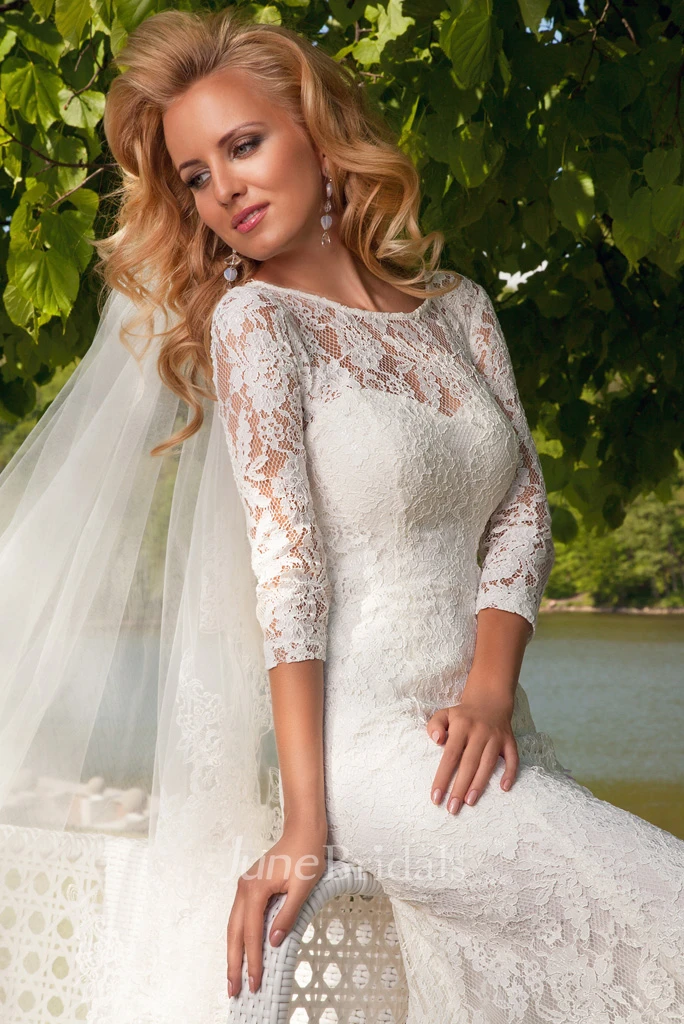 Sheath 3-4 Sleeve Appliqued Scoop Neck Lace Wedding Dress With Keyhole
