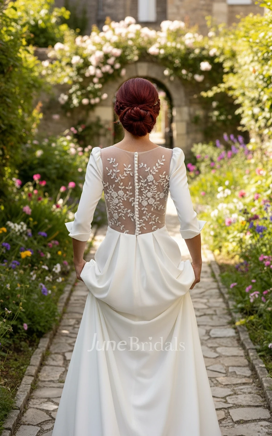 Simple A-Line 3/4 Sleeves Wedding Dress Casual V-neck Lace Back Bridal Gown