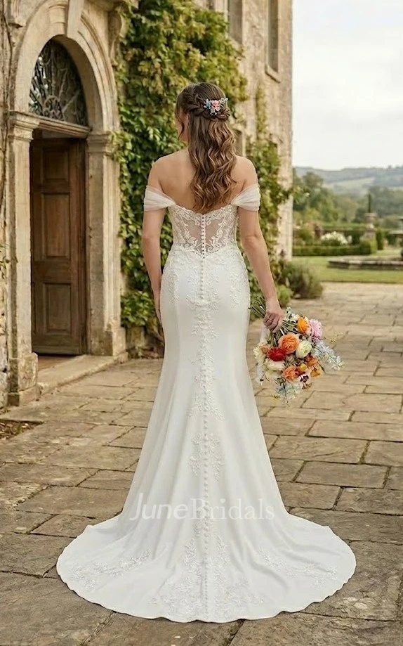 Modern Off Shoulder Lace Mermaid Wedding Dress with Illusion Back for Country and Garden Weddings