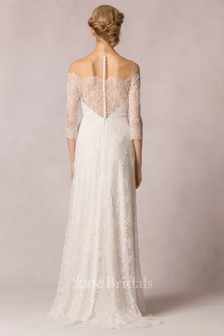 Sheath Off-The-Shoulder Floor-Length 3-4-Sleeve Lace Wedding Dress