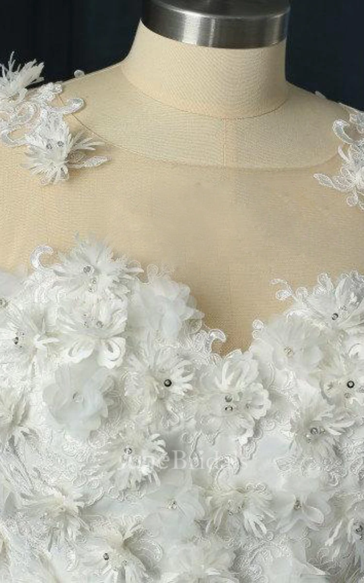 Long Sleeve Tulle Lace Satin Dress With Flower Illusion