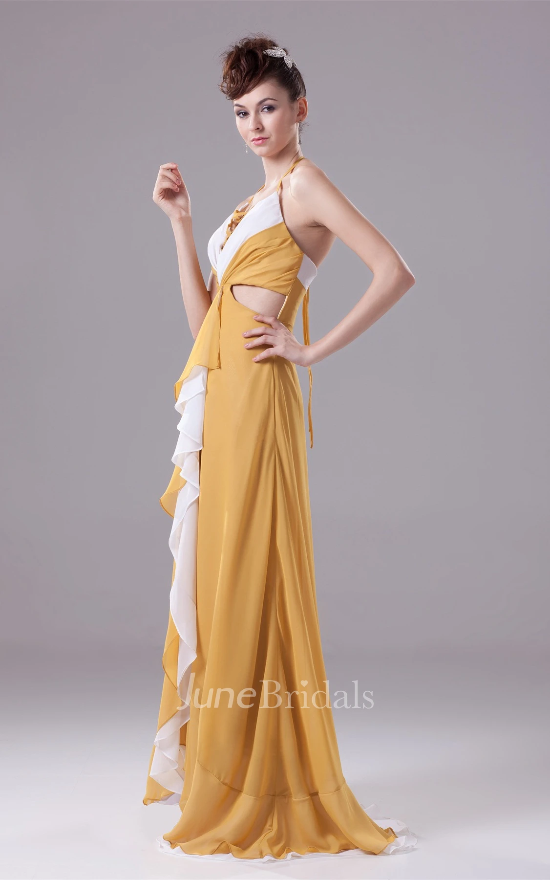 Appliques A-Line V-Neck Side Draping Gown with Side Keyhole and Brush Train