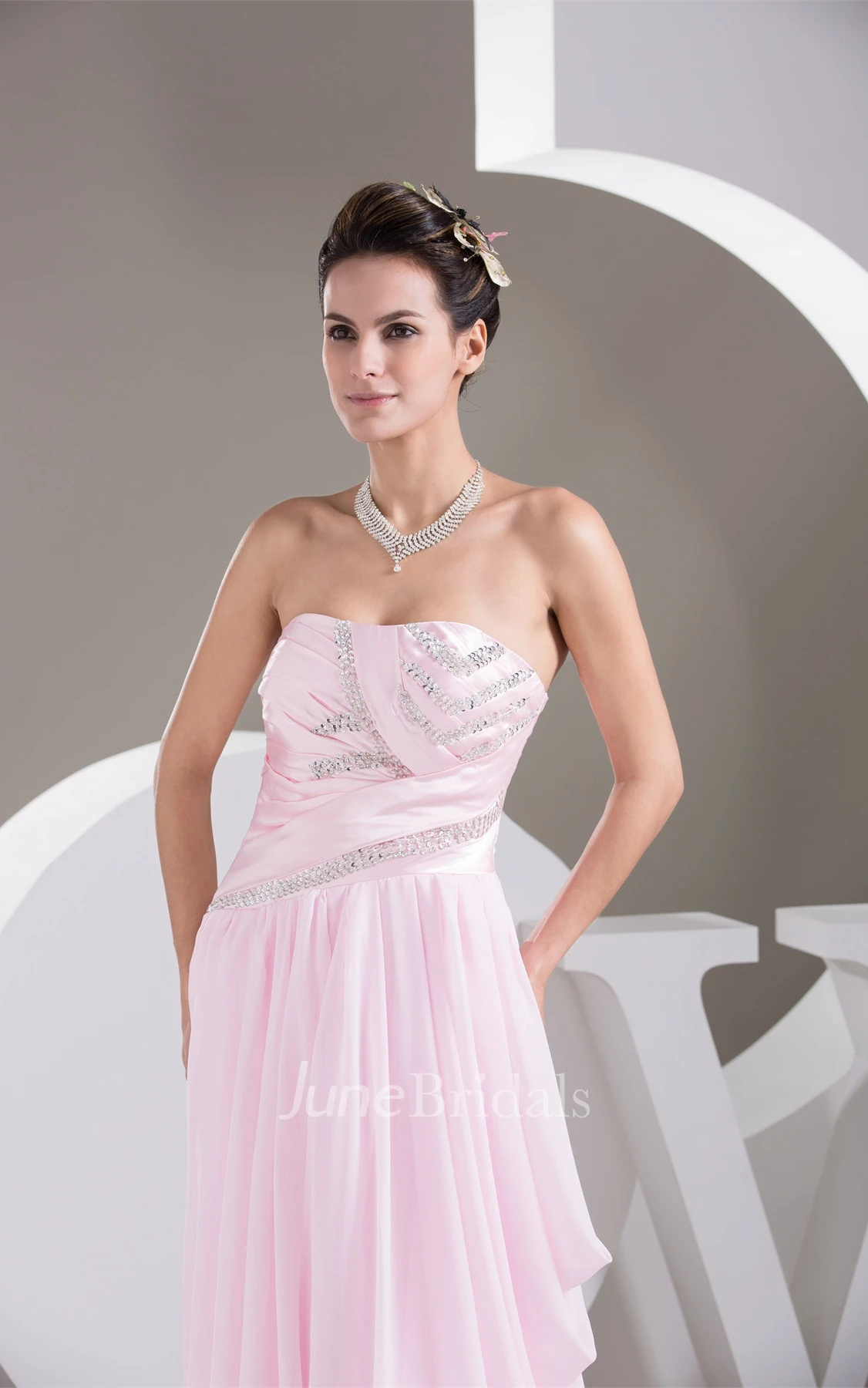 Blushing Chiffon A-Line Floor-Length Dress with Beading and Pleats