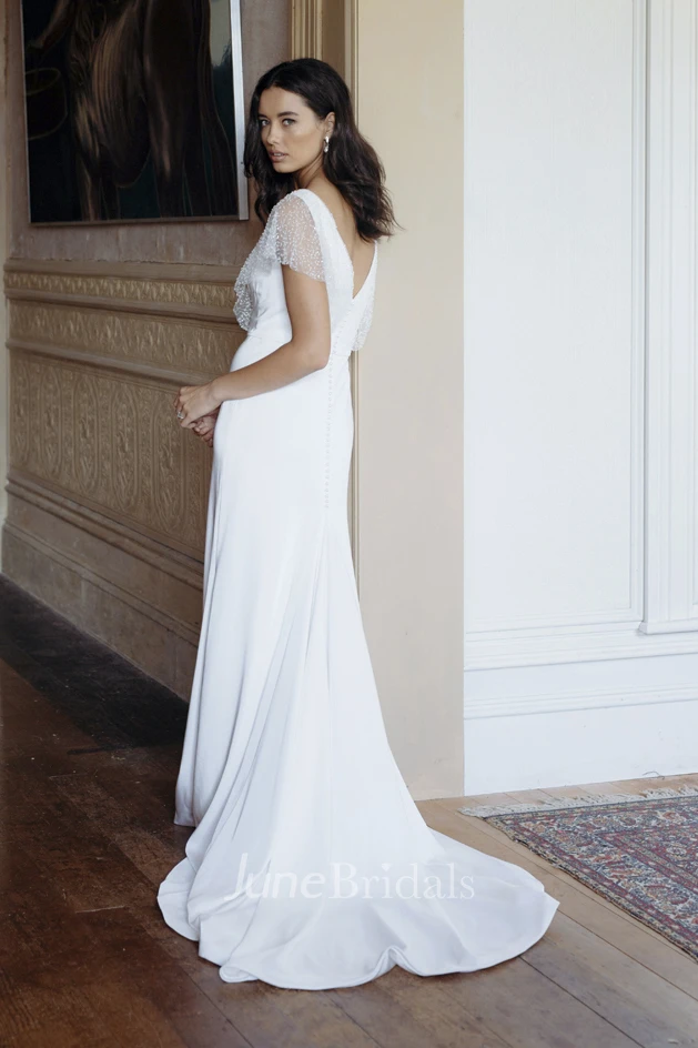 Illusion Beaded Sleeves Plunging V-neck Elegant Sheath Wedding Dress With Court Train