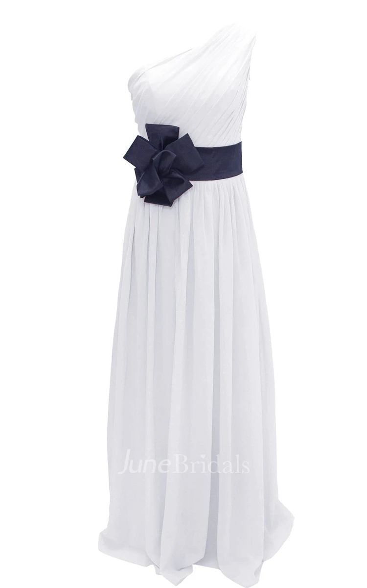 One-shoulder Pleated Chiffon A-line Gown With Floral Band