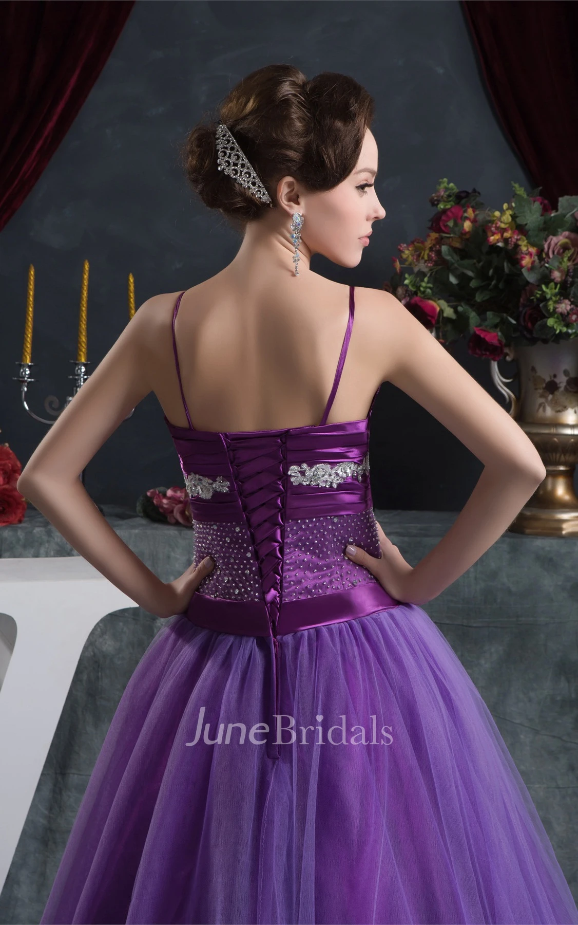 Spaghetti-Strap Beaded A-Line Gown with Pleats and Bow
