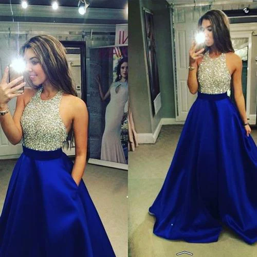 Sexy Beadings Ball Gown Evening Dress Sleeveless Halter