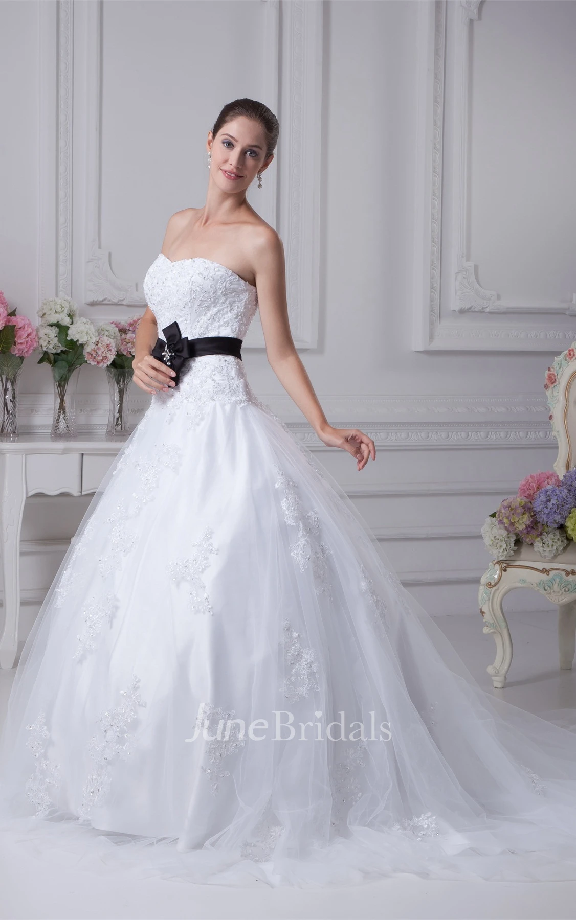 Strapless Tulle A-Line Ball Gown with Ribbon and Appliques