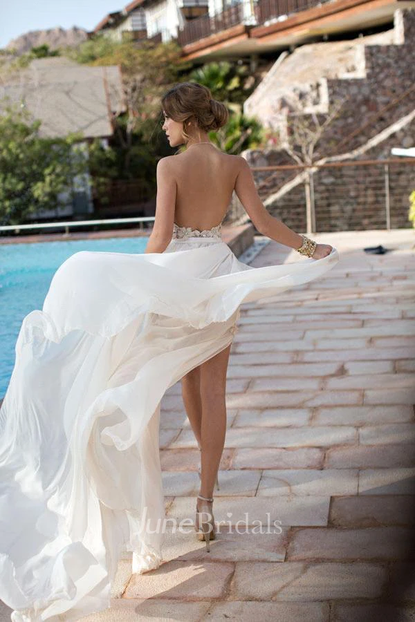 Newest High Neck Elegant Prom Dress Long Beadings Chiffon Evening Gown With Lace Appliques