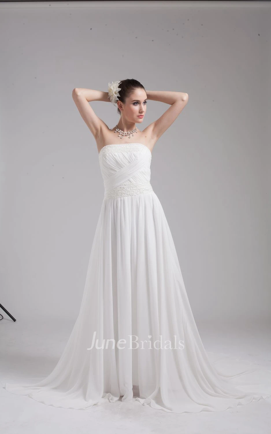 Ethereal Strapless Chiffon Maxi Dress With Ruching and Beading