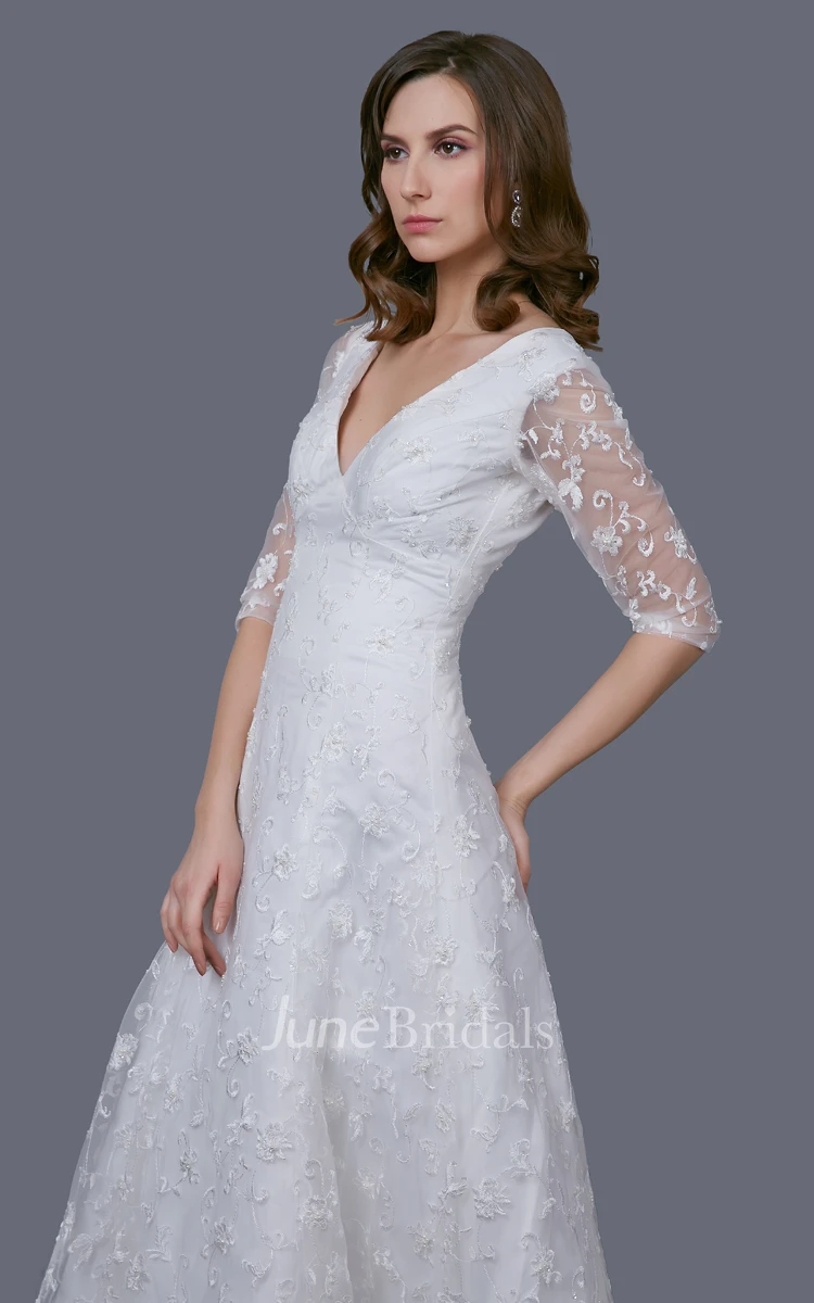 Stunning V-neckline Tea Length Gown With Illusion Sleeve and Embroidery