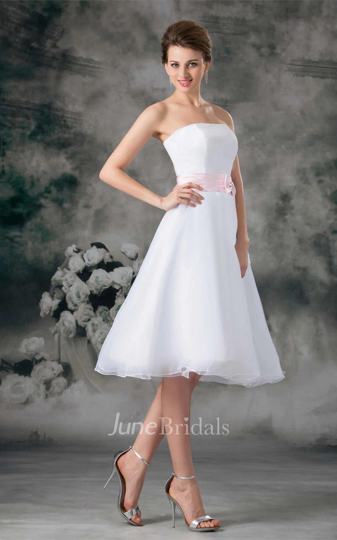 strapless tea-length a-line dress with zipper back and bow