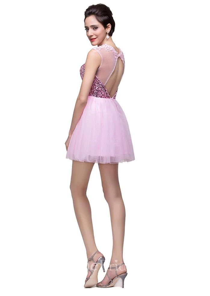 Cute Pink Sequins Sleeveless Homecoming Dress Tulle Short