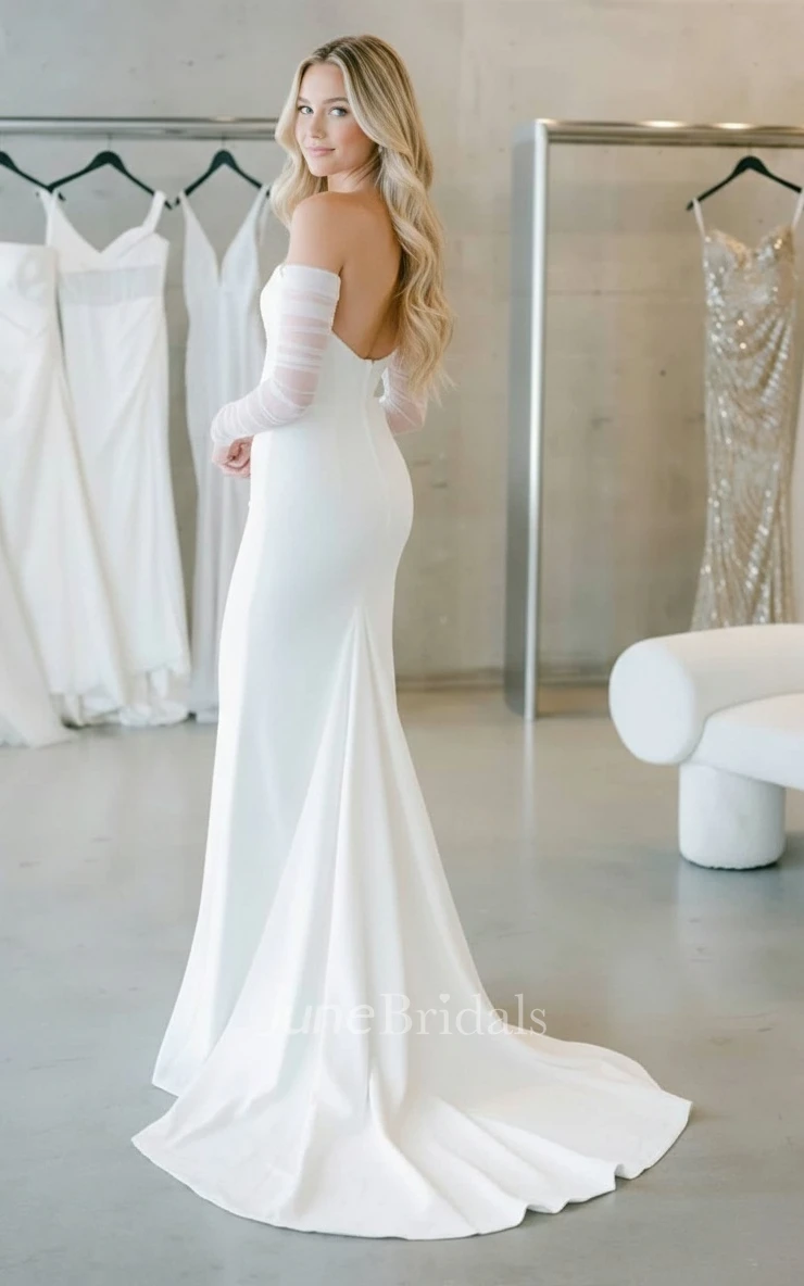 Simple Sexy Mermaid Off-the-shoulder Strapless Satin Spring Wedding Dress Elegant Solid Beach Floor-length Bridal Gown with Button Open Back Court Train