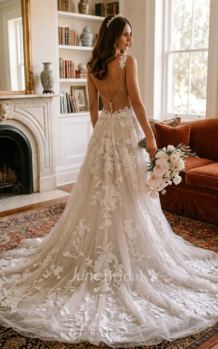 Boho Floral Lace A-Line Wedding Dress Sleeveless Plunging V-Neck Bridal Gown with Open Back