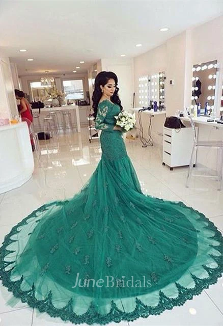 Elegant Lace Appliques Mermaid Evening Dress Court Train Long Sleeve