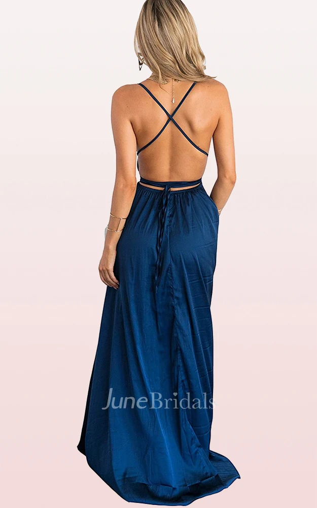 A Line V-neck Cowel Satin Evening Dress With Ruffles and Split Front