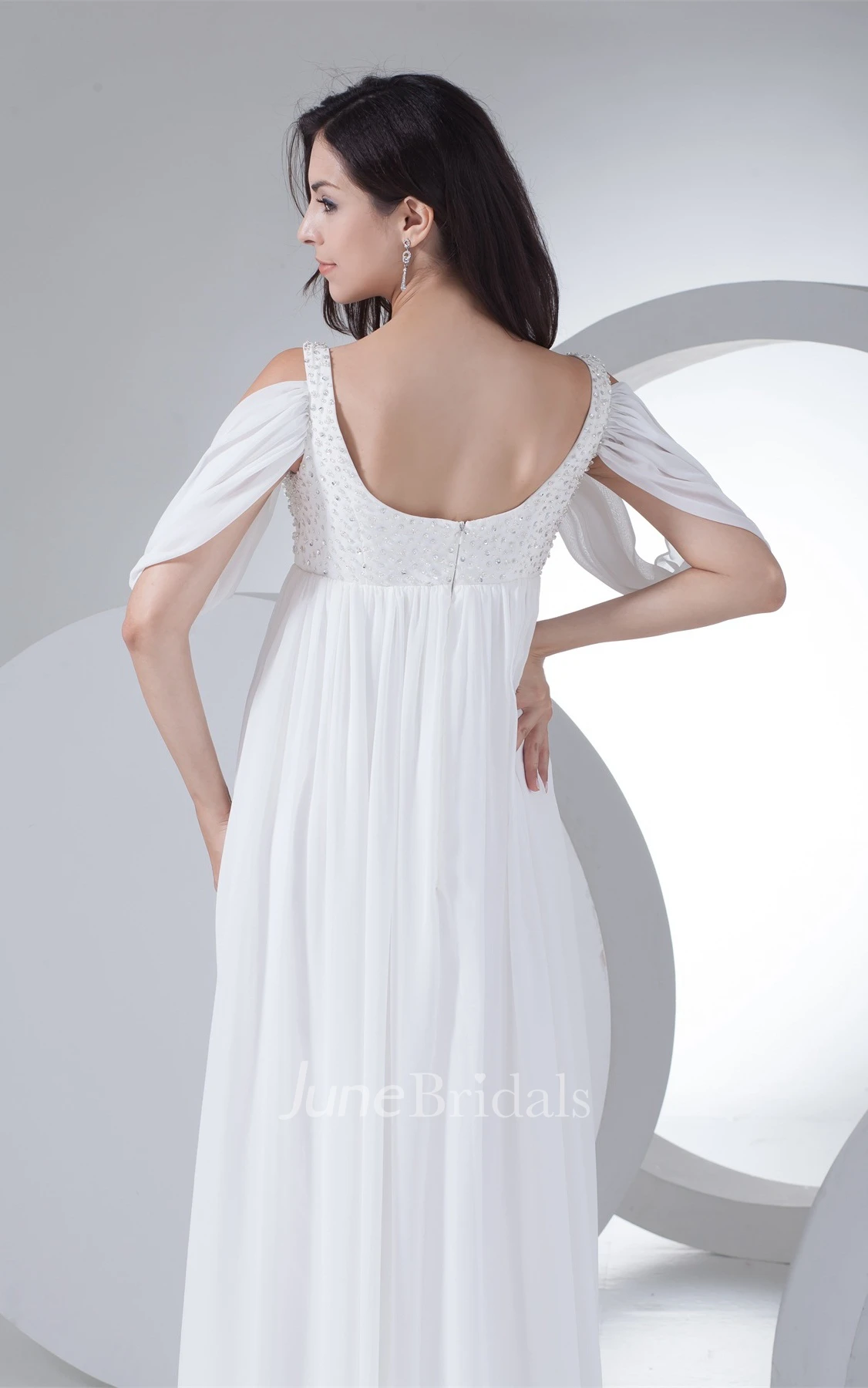 Strapped Plunged Empire Dress with Rhinestone and Pleats