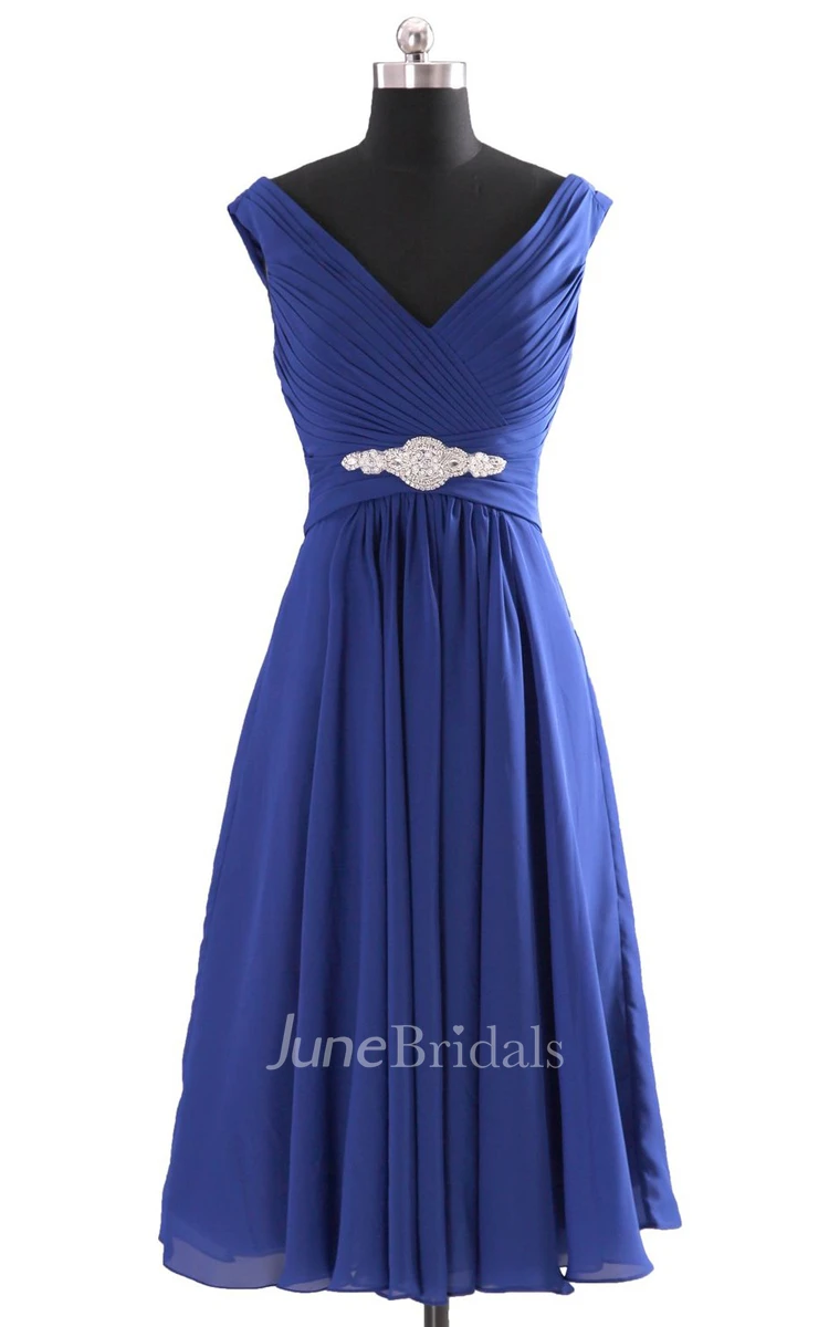 V-neckline Pleated Basque Waist Dress With Crystal