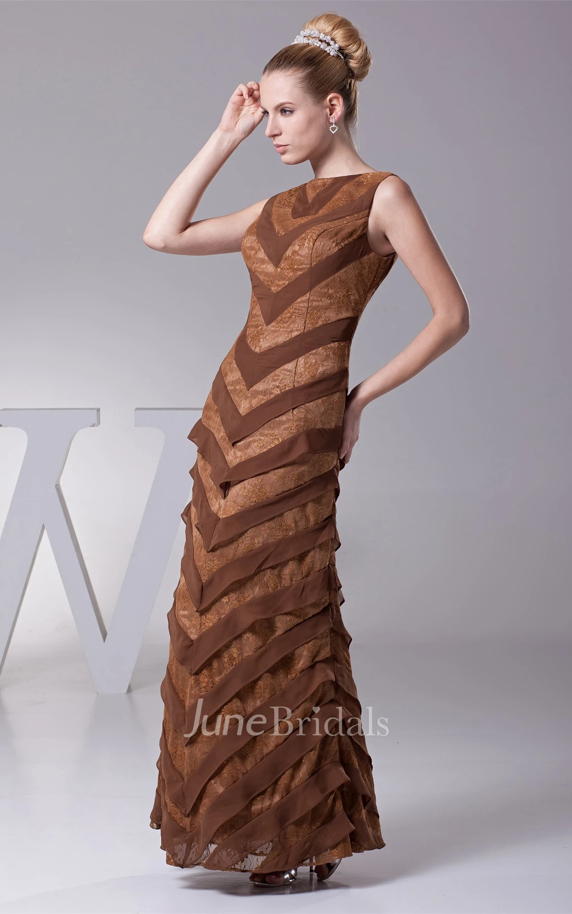 Bateau Sleeveless Tiered Chiffon Sheath Gown with Lace Embroidery