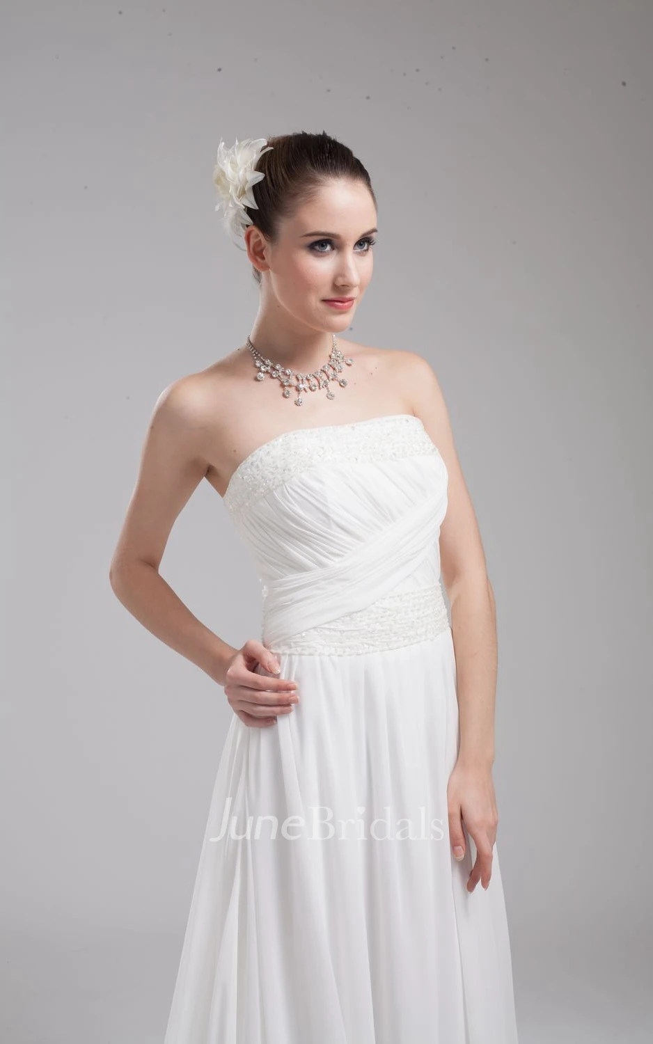 Ethereal Strapless Chiffon Maxi Dress With Ruching and Beading