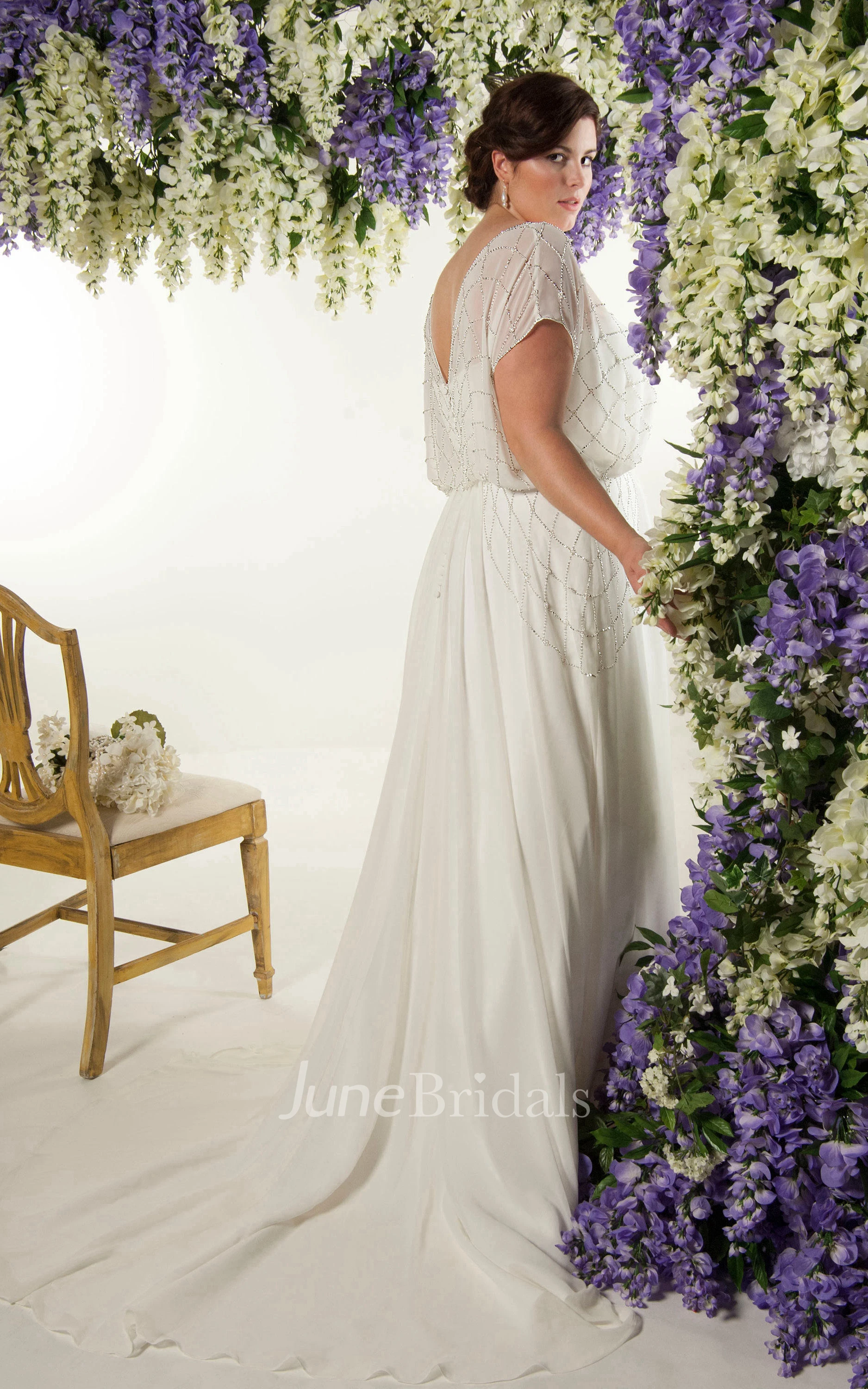 Chiffon Short-Sleeve Sheath Dress With Beading And Sweep Train