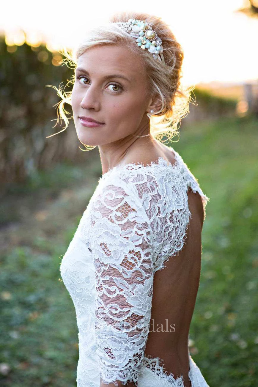 Mermaid Illusion Sleeve Satin Lace Button Zipper Keyhole Wedding Dress