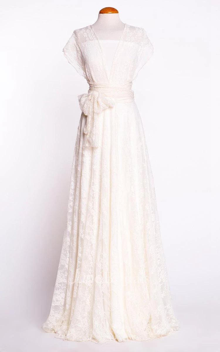 Convertible A-Line Pleated Lace Cap Dress With Bow