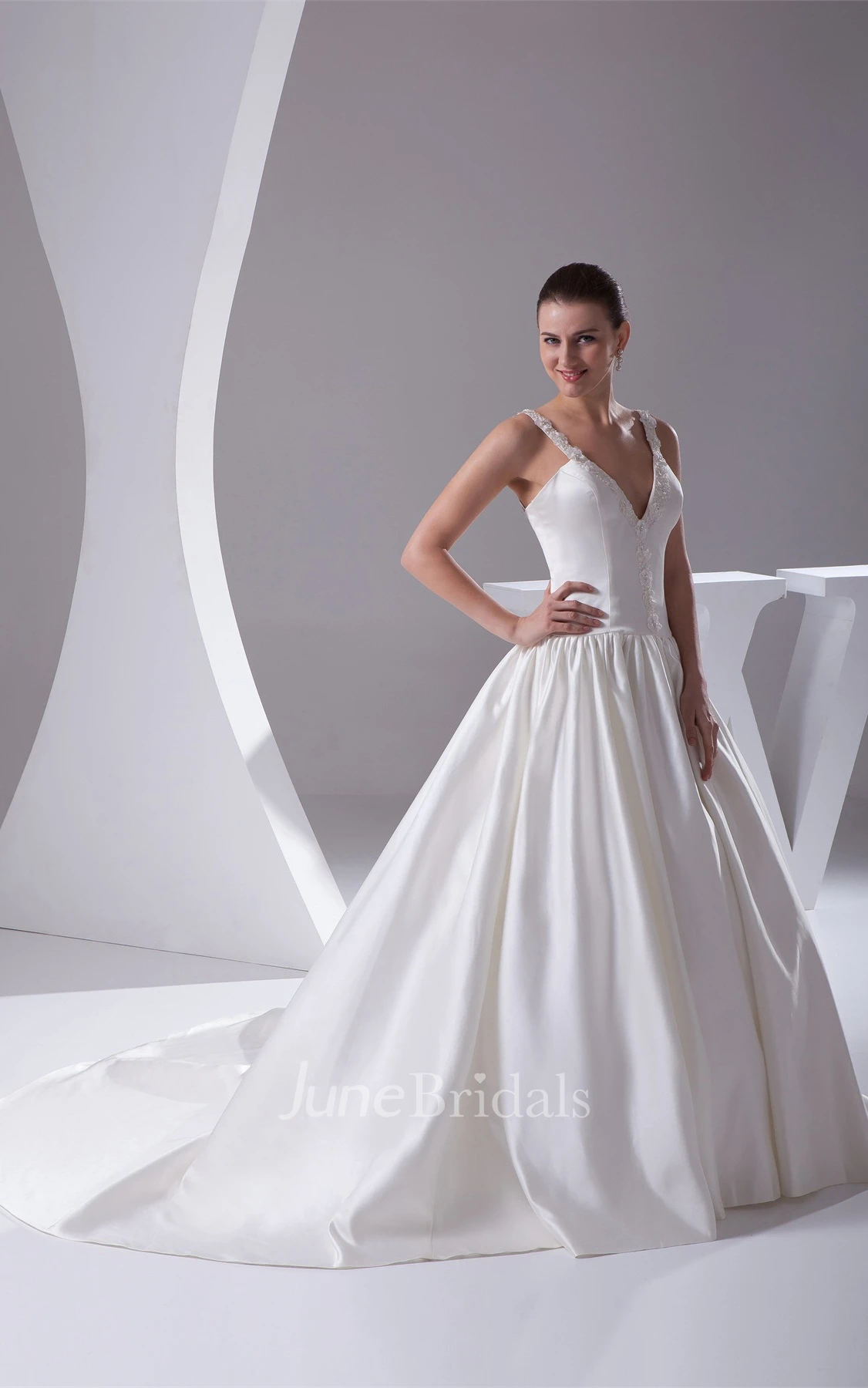 Plunged Pleated Ball Gown with Beading and Corset Back