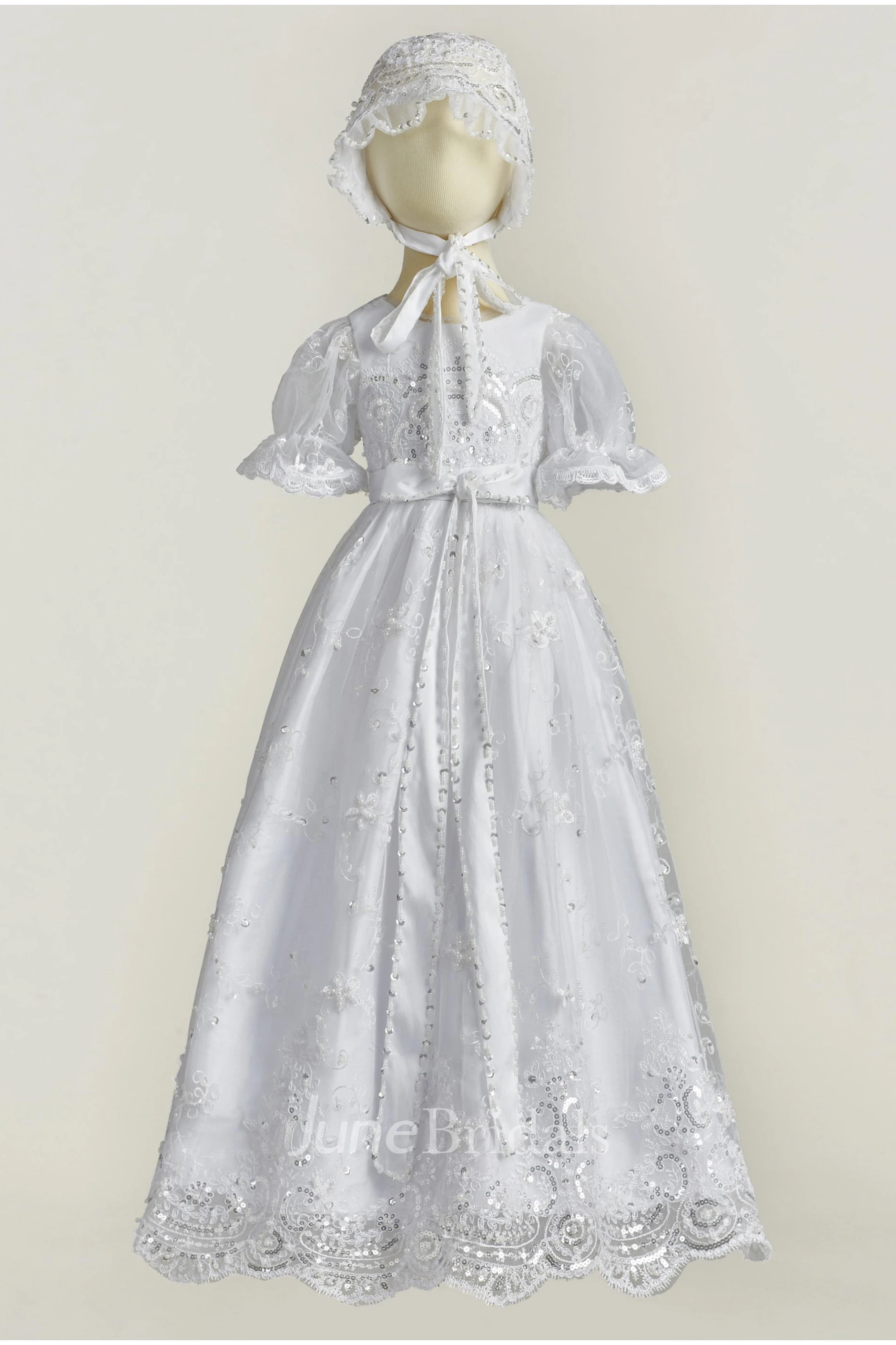 Cute Elegant Christening Gown With Lace And Bow