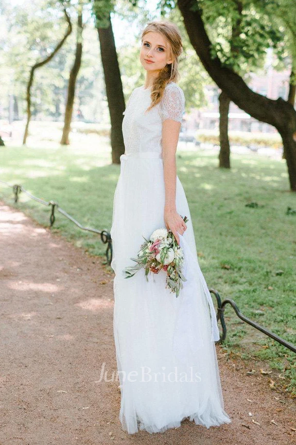 A-Line Floor-Length Tulle Lace Satin Dress With Flower