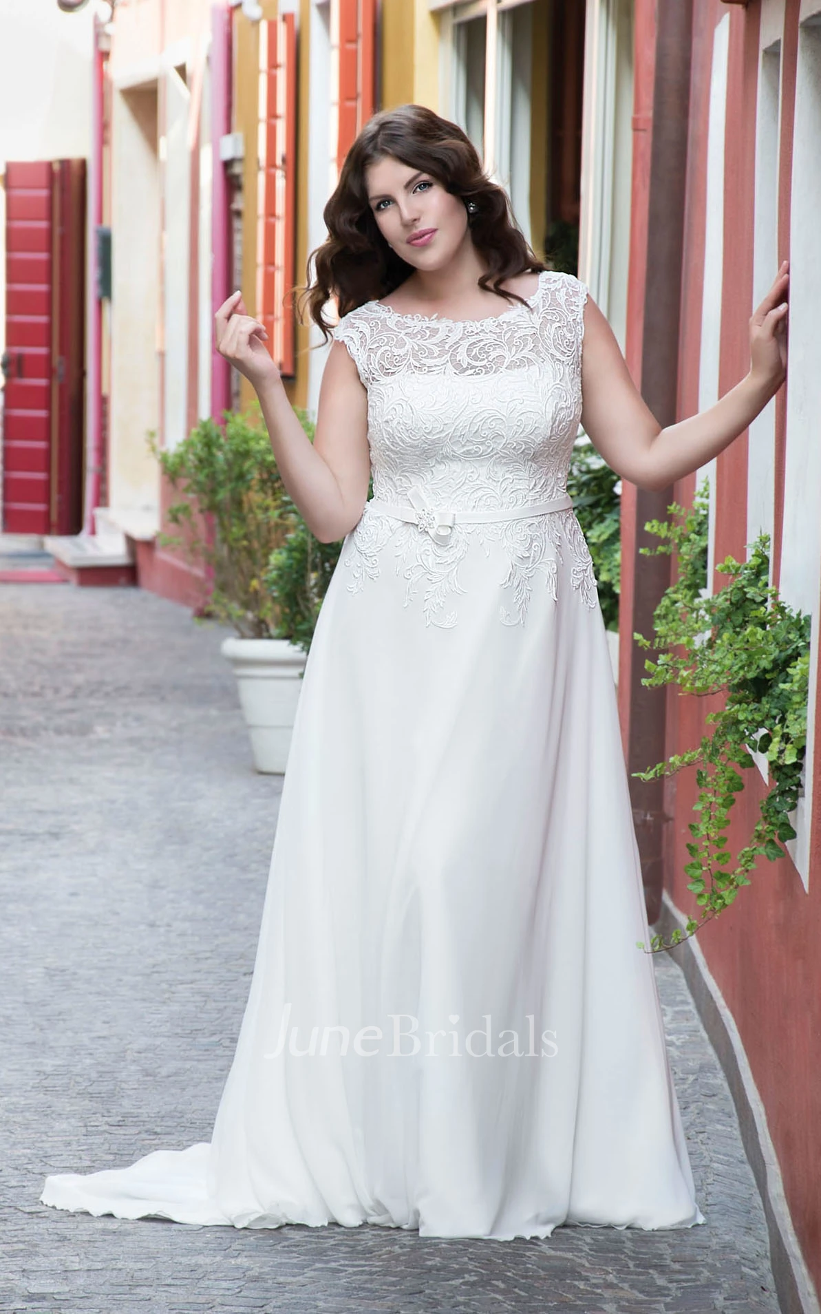 A-Line Long Bateau Neck Cap Chiffon Lace Bow Brush Train Bow Dress