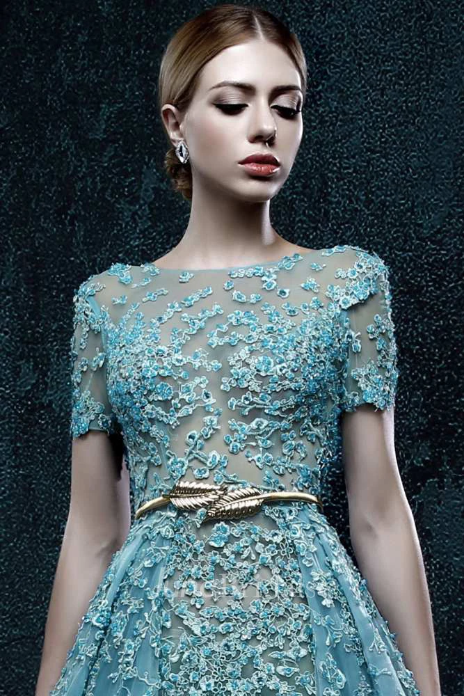 Short Sleeve Bateau Neck Pleated A-line Organza Dress With Flowers