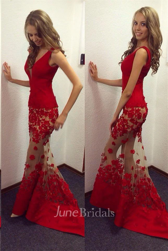 Sexy Red V-Neck Mermaid Prom Dresses Sheer Skirt Long Lace - June Bridals