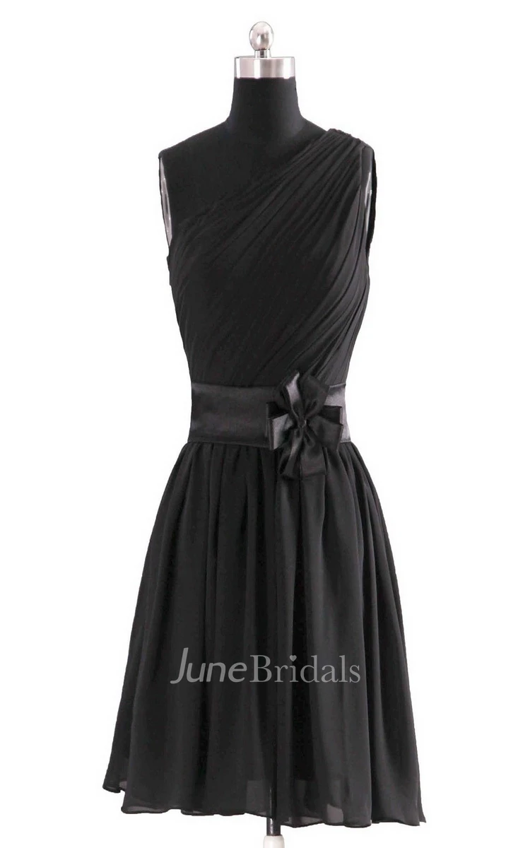One-shoulder Pleated Chiffon Short Dress With Floral Band