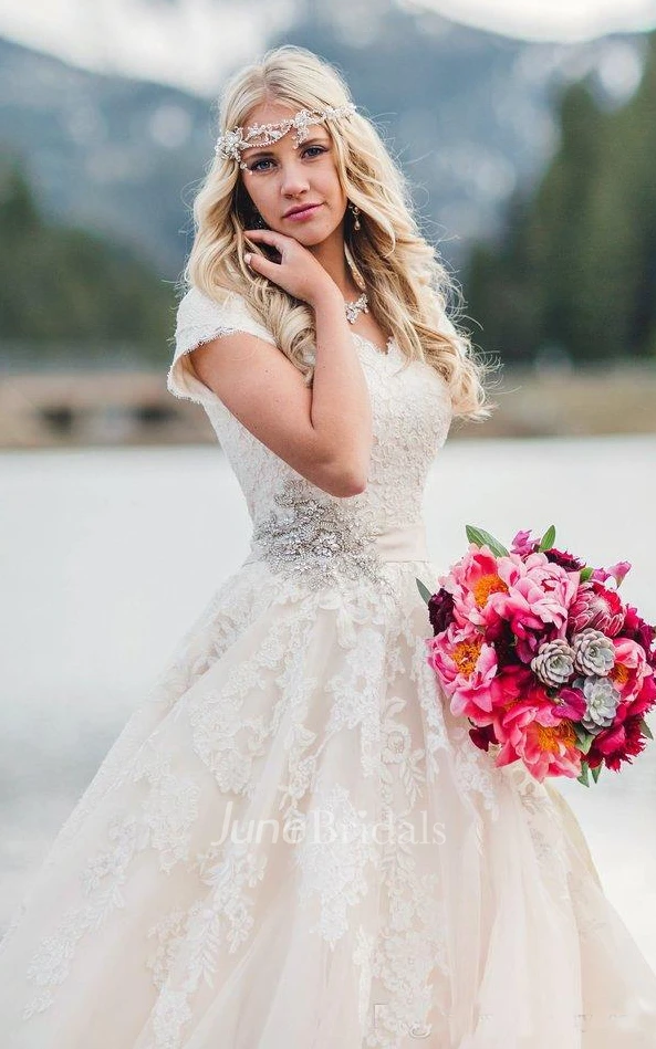 Cap Sleeve Romantic Queen Anne Ballgown Wedding Dress With Lace Appliques And Button Back