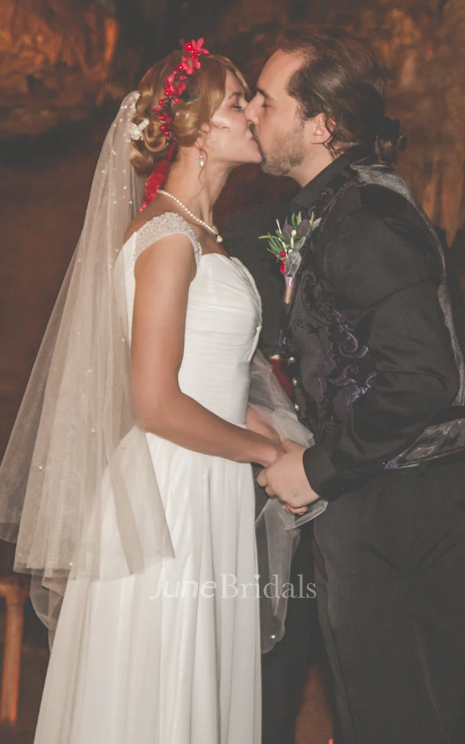 A-Line Chiffon Off-the-shoulder Vintage Wedding Dress Ruching With Low-V Back