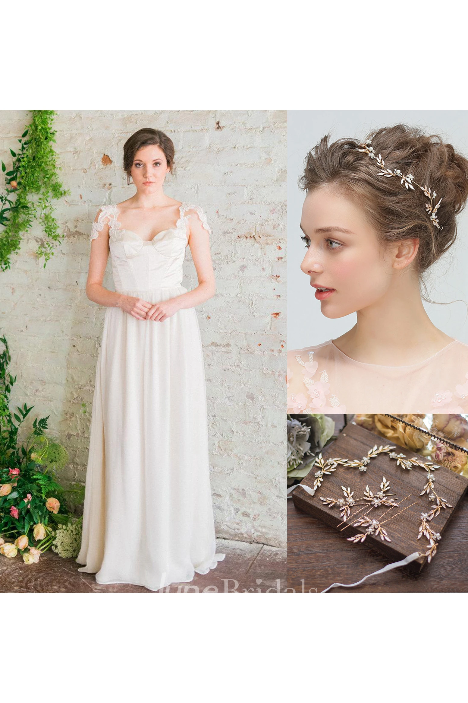 Sweetheart A-Line Long Chiffon Wedding Gown With Appliques and Golden Flower Headband Hairpin Hair Kit