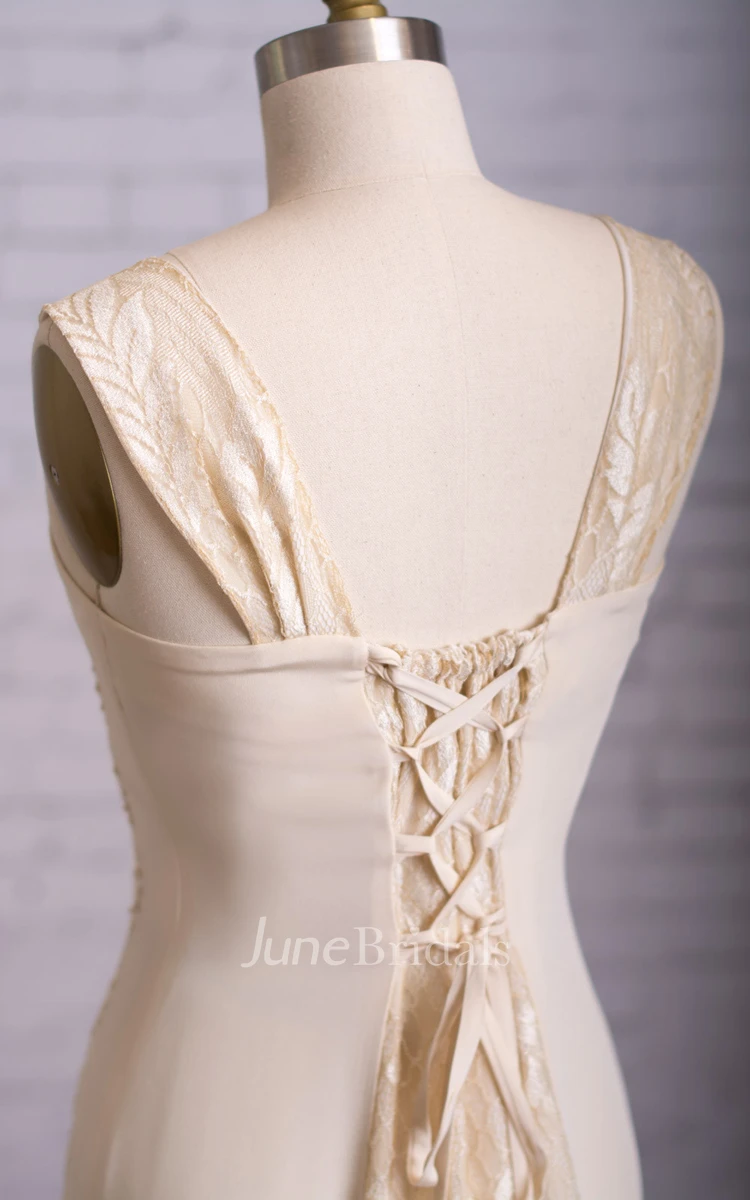 Noble Sleeveless Lace-up Back Square Neckline Long Lace Dress With Illusion Cape