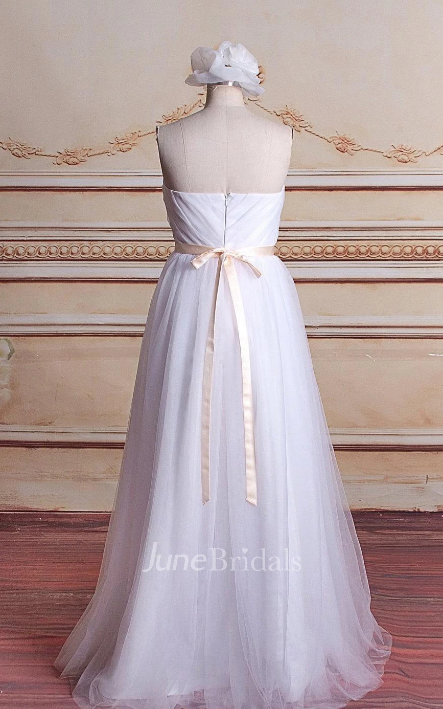 A-Line Tulle Organza Satin Weddig Dress With Bow Zipper