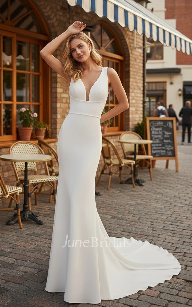 Minimalist Satin Wedding Dress Mermaid Sleeveless Deep V Neck Low Back Bridal Gown