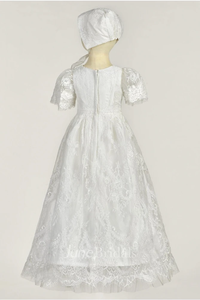 Illusion Puff Sleeve Lace Christening Gown With Zipper Back