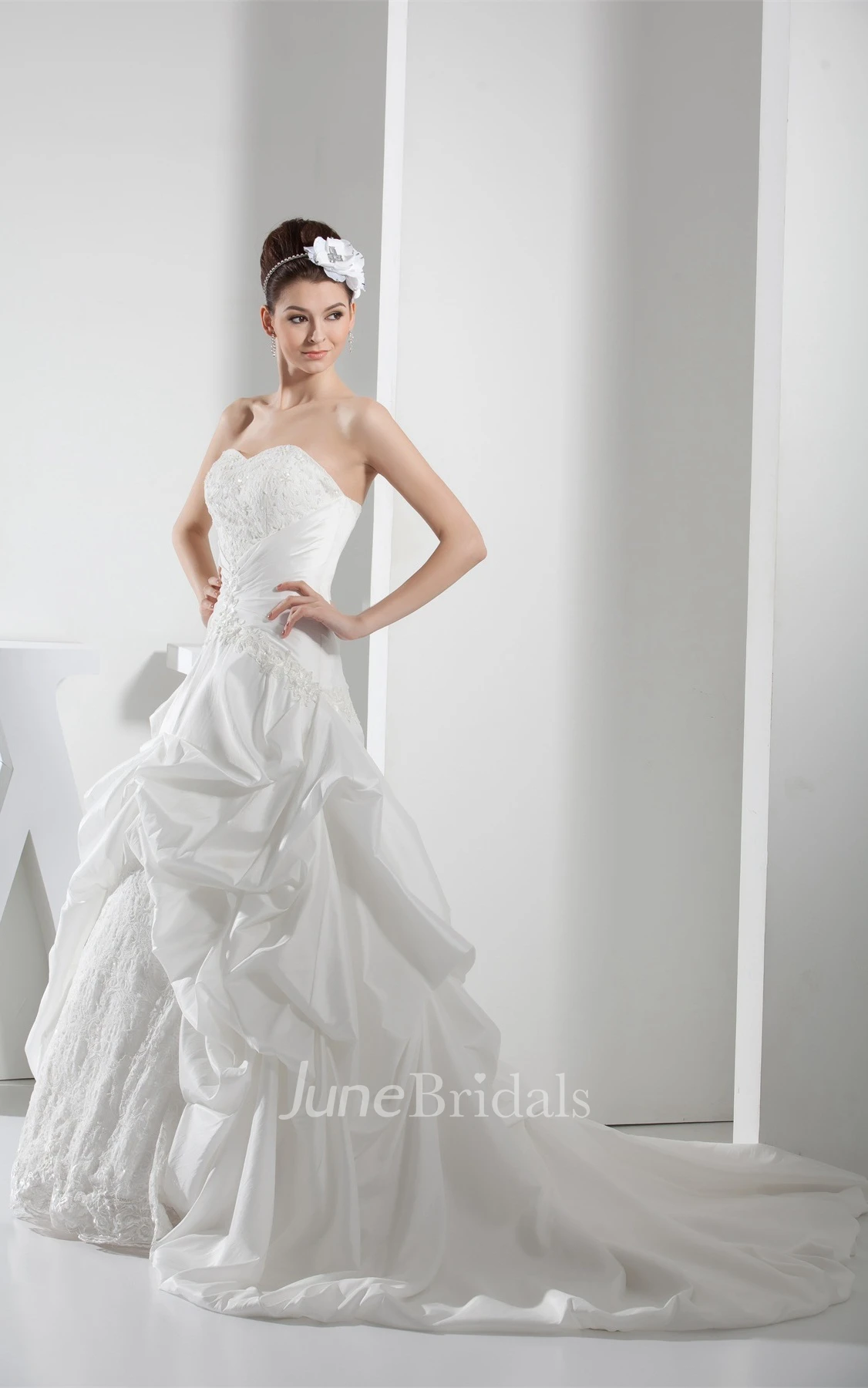 Sweetheart Pick-Up Appliqued Ball Gown with Ruching and Court Train