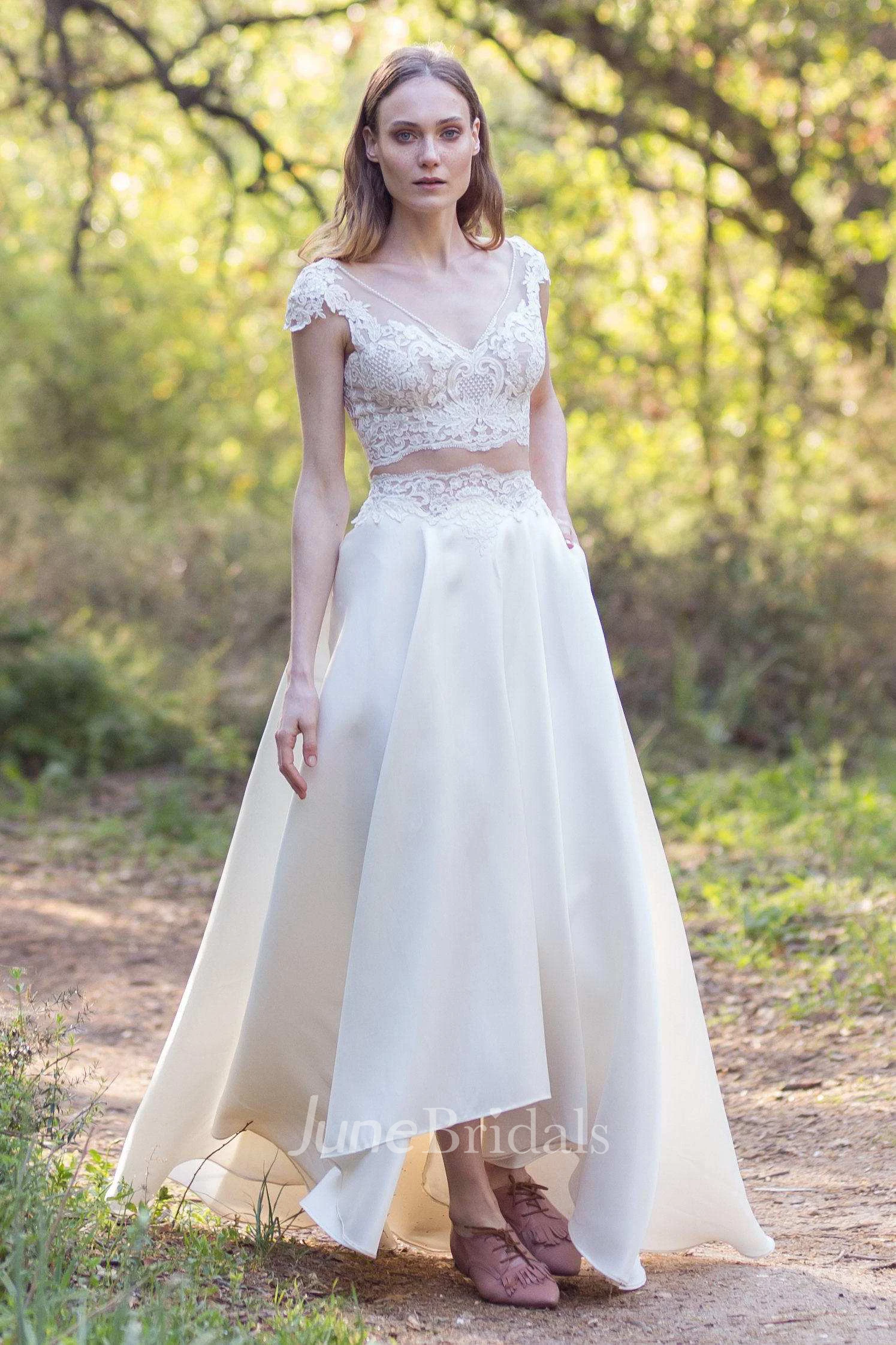V-Neck Cap-Sleeve Two-Piece A-Line Satin Wedding Dress With Appliques