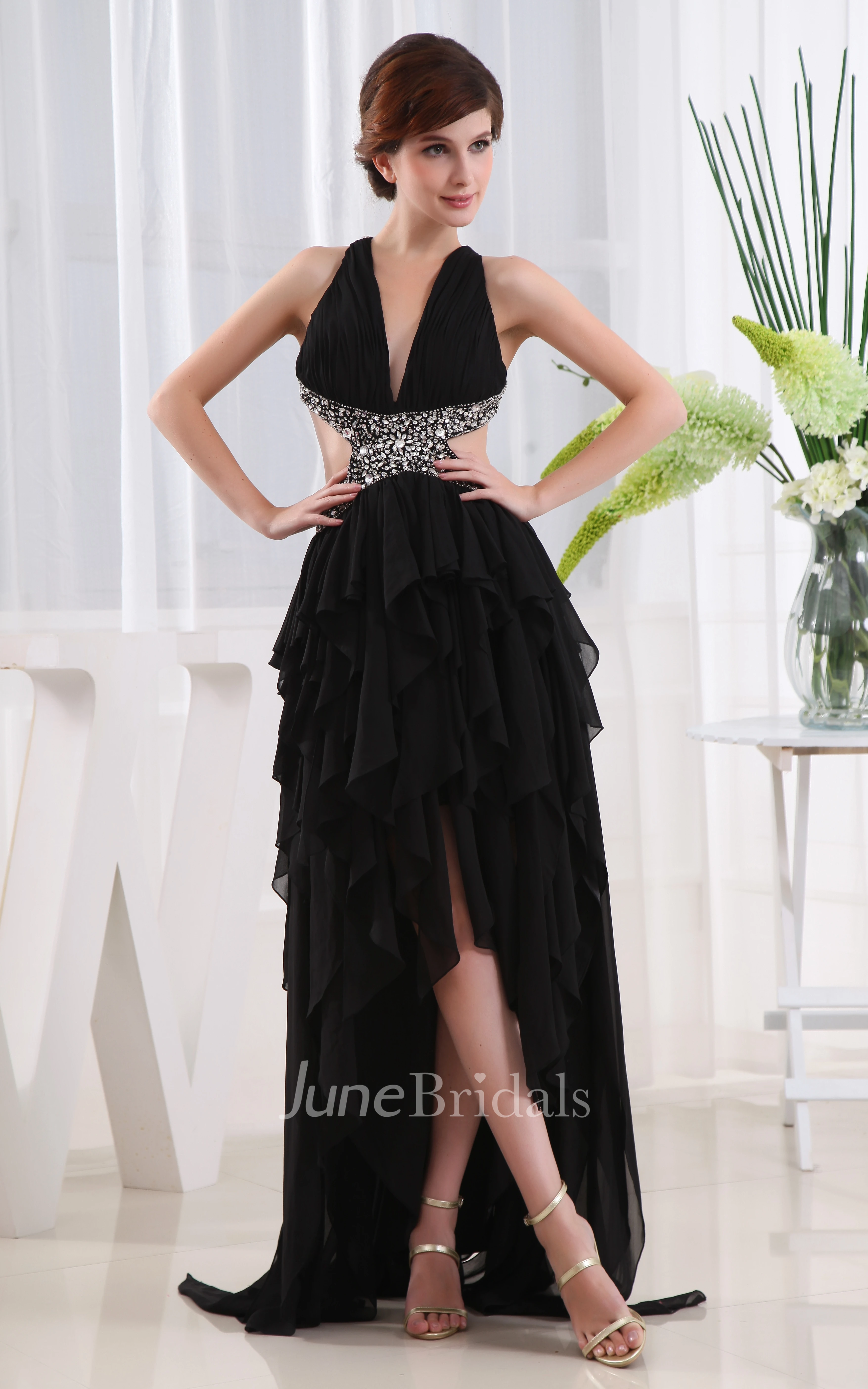 Plunged Sleeveless High-Low Dress With Beading and Cascading Ruffles