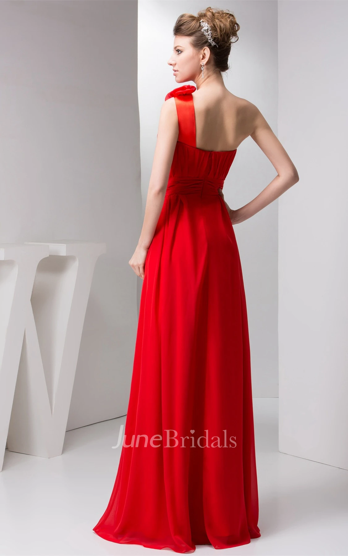 One-Shoulder Chiffon Maxi Dress with Ruching and Floral Epaulet